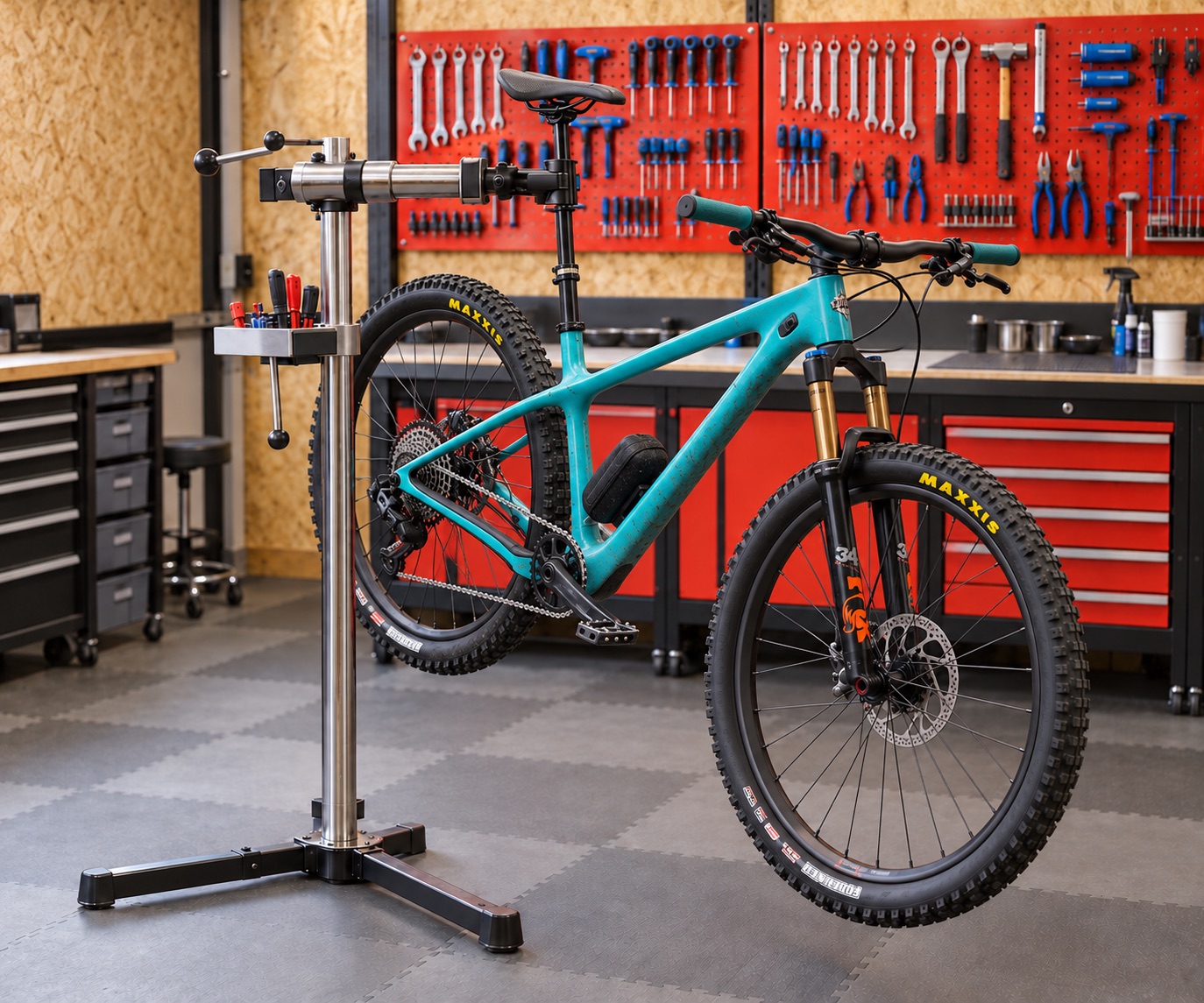 A turquoise mountain bike secured in a clean, organised workshop repair stand